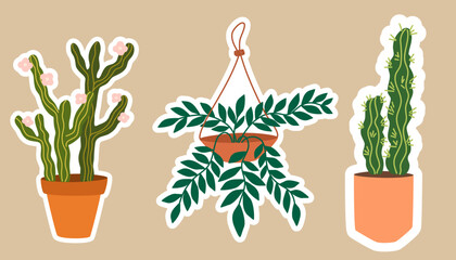 House plants stickers. Set of hygge tropical patee succulent plants stickers. Cozy lagom style collection of plants in cartoon style. Hand draw vector bundle.
