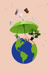 Creative abstract collage template graphics image of arm holding parasol protecting planet from rubbish isolated drawing background © deagreez