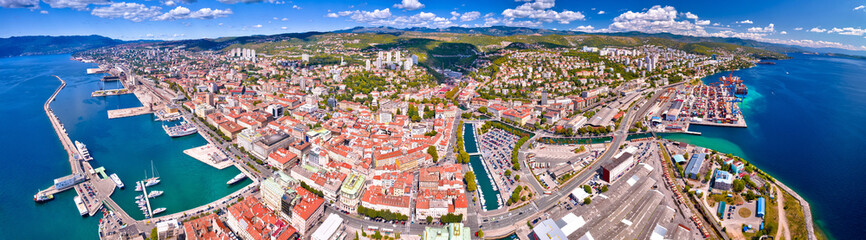 City of Rijeka waterfront and rooftops aerial panoramic view