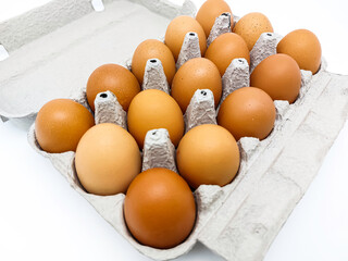 Close up view of cardboard egg box with fifteen brown eggs isolated on white background.