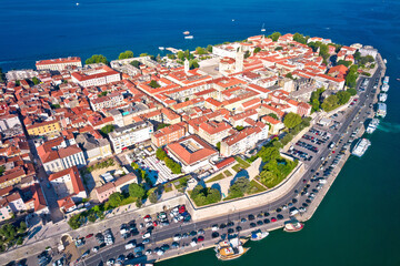 City of Zadar historic center and waterfront aerial panoramic view