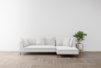 Fototapeta na wymiar Empty white wall with sofa and house plant on wooden floor. 3d rendering of interior living room