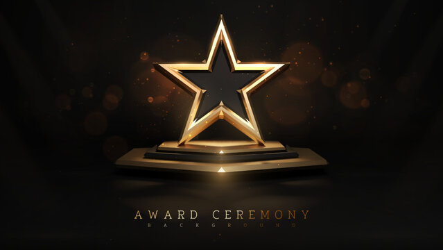 Award ceremony background and 3d gold star element on podium and glitter light effects decorations and bokeh. Vector illustration.