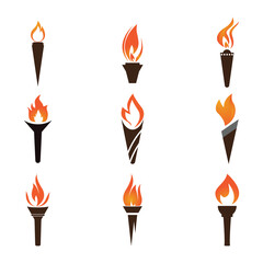 Fire torch with flame flat icons set. Collection of symbol flaming, illustration