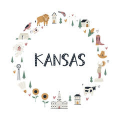 Circle decoration, emblem with famous symbols and landmarks of Kansas State, USA
