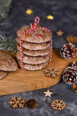 Stacks of traditional German round glazed gingerbread Christmas cookie called 'Lebkuchen'