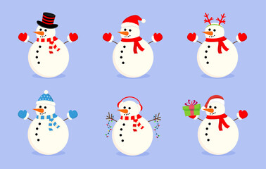 Cute snowman collection with different Christmas elements.