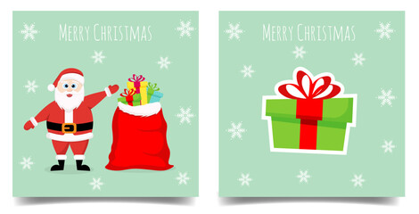 Christmas greeting card set with Santa Claus and presents.