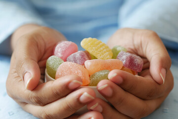 women holding a bowl of gummy colorful candies 