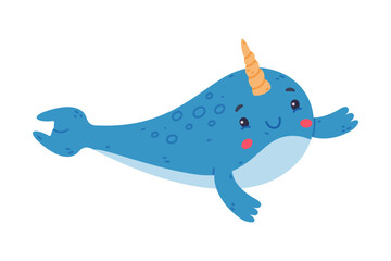 Funny cute swimming baby narwhal. Sea mammal animal cartoon character vector illustration