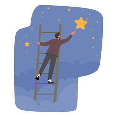 Businessman Character Climb Ladder Take A Star From Sky, Person To Achieve Goal Or Dream. Man Ascend By Stairs © Anna Syvak