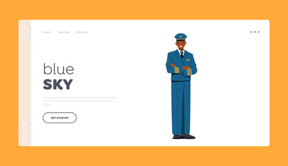Pilot of Airplane Landing Page Template. Aviation Aircrew Male Character Wearing Uniform, Airport Staff, Plane Captain
