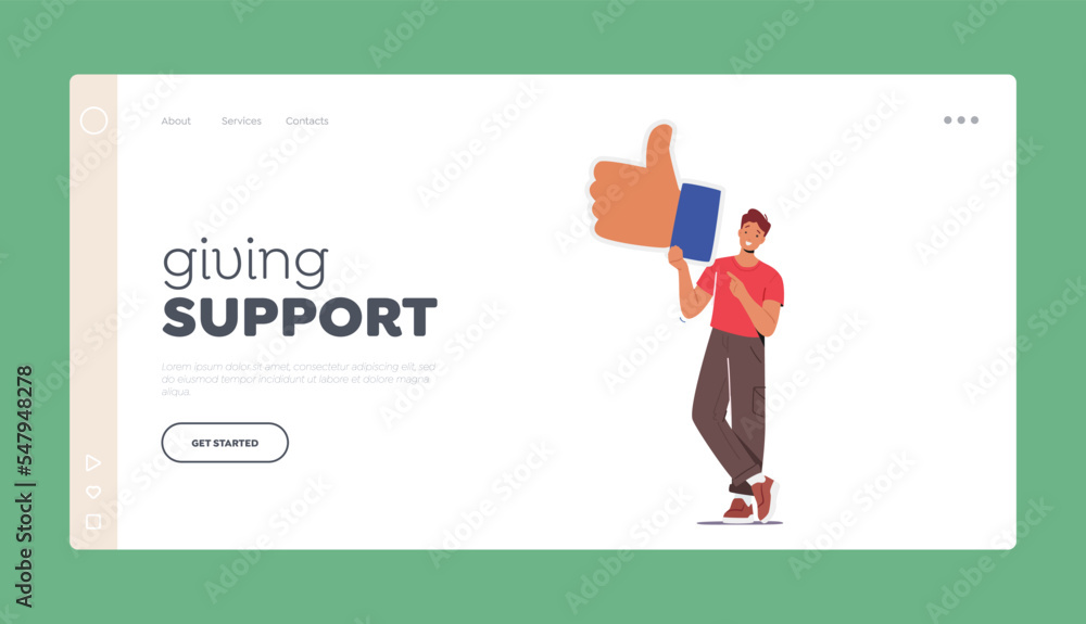 Poster follower gives like in networks landing page template. social media interaction, communication on mo