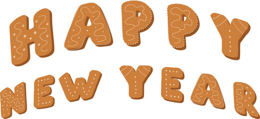 Lettering happy new year .Gingerbread texture.