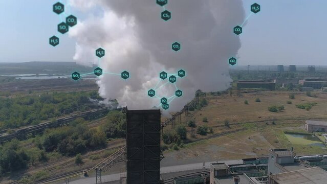 Environmental pollution visualization. White smoke from the factory chimney, visualization of the release of hazardous components. Emission of solid substances into the atmosphere.