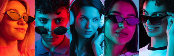 Collage. Portraits of young people, men and women in trendy sunglasses and headphones posing in neon lights