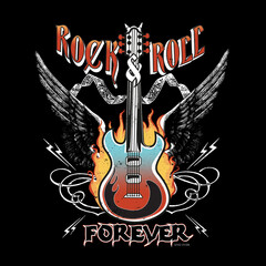 Rock and roll forever and ever, Rock and Roll. Grunge print for T-shirt with guitar and wings. With slogan, 