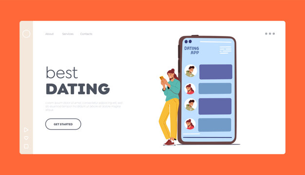 Best Dating Landing Page Template. Online Service Application, Virtual Relationship Concept. Woman Chat In Smartphone