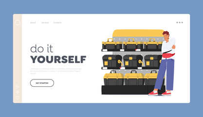 Construction Equipment Store Landing Page Template. Male Character Choose Toolbox for Instruments in Hardware Shop