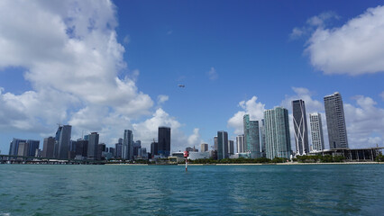 Fototapeta na wymiar Modern buildings at the Bayside Marina in Miami, Florida at USA