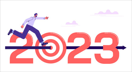 Target breaking successful on 2023 year. Businessman running on arrows to goals in 2023 year, vector illustration 