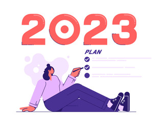 Plan 2023. To do list for next year. Vector illustration flat design. Businesswoman writes a motivational plan. Challenge for future