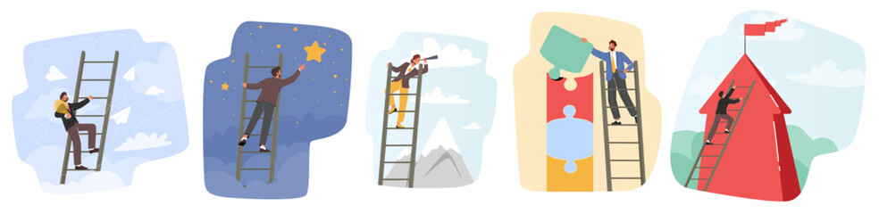 Set of Businessman Characters Climbing Ladder to Take Star from Sky, Assemble Puzzle, Look in Spyglass. Task Solution