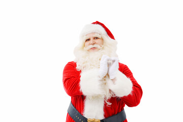 Santa Claus folded a heart from his hands on a white background Christmas.