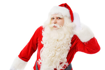 Santa Claus listens with a hand to the ear on a white background Christmas.