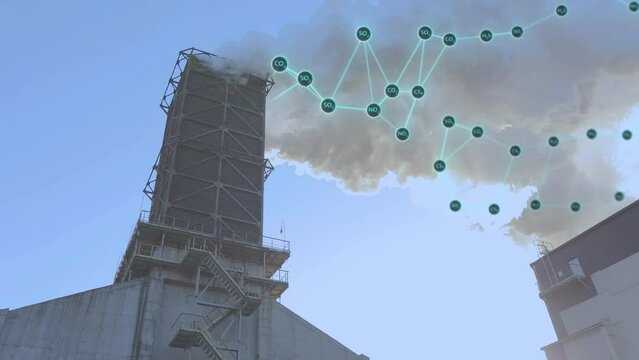 Environmental pollution visualization. Emission of solid substances into the atmosphere. White smoke from the factory chimney, visualization of the release of hazardous components
