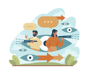 Future concept. Character searching for future opportunities, decisions