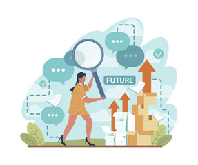 Future concept. Character searching for future opportunities, decisions
