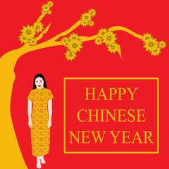 Happy chinese new year, chinese woman wearing traditional dress illustration
