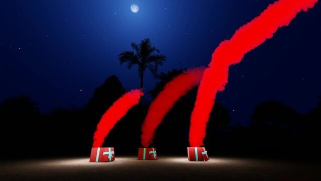 4k animation video, red fumes in the dark, illuminated show fumes