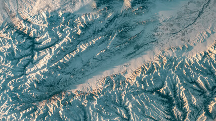 Aerial view of mountain landscape. Snow covered mountains winter background. Earth landscape view in winter. Earth observatory from satellite. Elements of this image furnished by NASA - Powered by Adobe