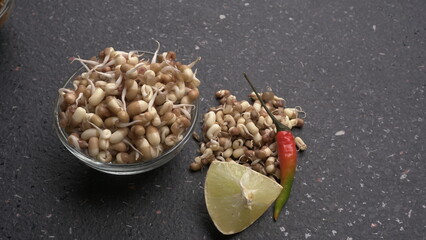 Healthy diet and vegetarian food. Mix of fresh sprouts on beautiful background. macrobiotic food. Sprouted wheat, peas, lentil seeds. Copy space