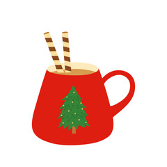 Cup of hot chocolate with waffle. Red mug with christmas tree. Template for cozy winter design.