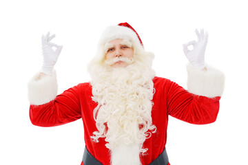 Santa Claus shows fingers sign class or ok on a white background Christmas.