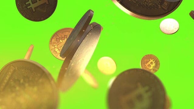 A Lot Of Bitcoin Crypto currency Gold Bitcoin BTC Bit Coin falling loop animation. Blockchain technology, bitcoin mining concept. 3d Crypto Digital Currency, BTC, Stock Market. green screen.