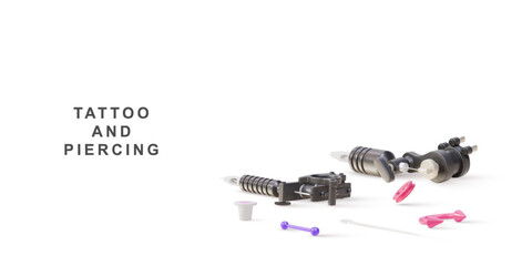 3d poster tattoo and piercing, piercing, tattoo machine, Tattoo Needles and tattoo plastic jar. Vector illustration.