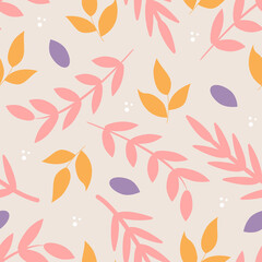 Fototapeta na wymiar Plants, twigs and leaves. Vector seamless pattern, wallpaper, packaging paper design and fabric print