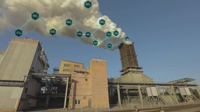 Emission of solid substances into the atmosphere. Environmental pollution visualization. White smoke from the factory chimney, visualization of the release of hazardous components