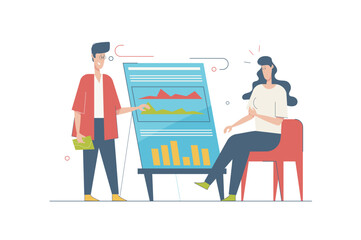 Business meeting concept with people scene in flat cartoon design. Woman and man discussing and analyzing data at presentation, briefing tasks. Vector illustration with character situation for web