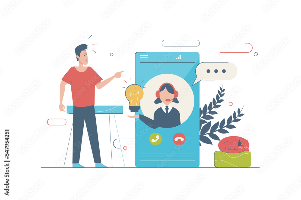 Aufkleber Customer support concept with people scene in flat cartoon design. Man talking with operator by mobile phone. Woman generates ideas and solutions. Vector illustration with character situation for web
