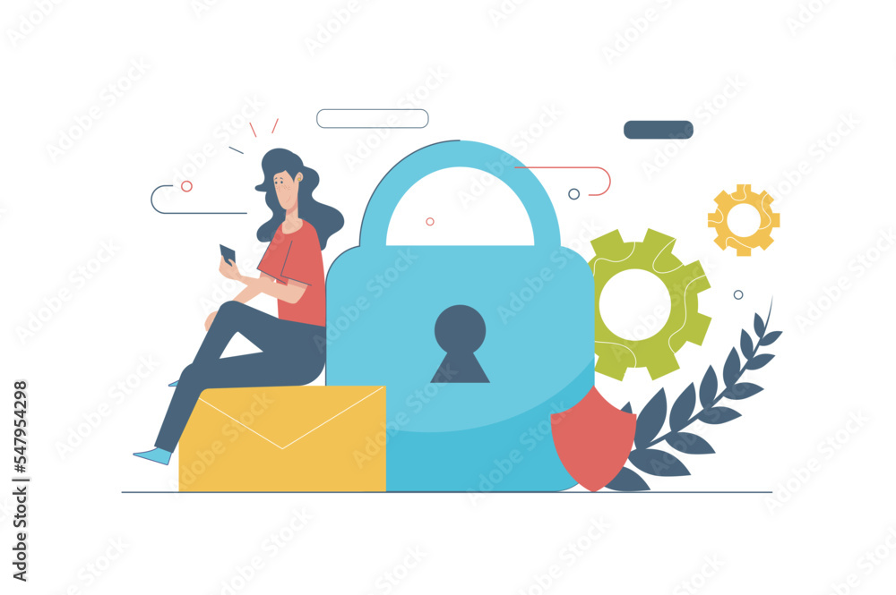Aufkleber cyber security concept with people scene in flat cartoon design. woman using mobile apps with protec