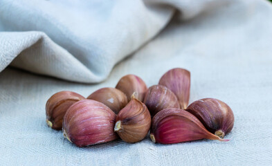 Ripe fresh garlic lies on an old linen towel on a wooden background in summer