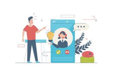 Customer support concept with people scene in flat cartoon design. Man talking with operator by mobile phone. Woman generates ideas and solutions. Vector illustration with character situation for web