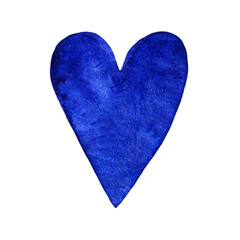 Hand drawn ultramarine watercolor heart with texture isolated on white background. Romantic design element for wedding invitation and card. Valentines day symbol, love sign in deep blue color.