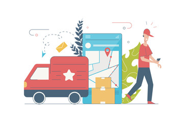 Delivery service concept with people scene in flat cartoon design. Courier delivering parcels. Truck logistics and online ordering shipping in app. Vector illustration with character situation for web