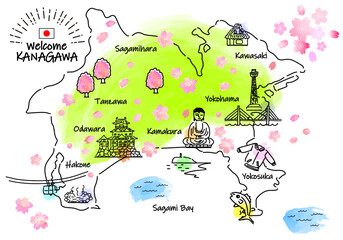 春の神奈川の観光地のシンプル線画イラストマップ（緑）